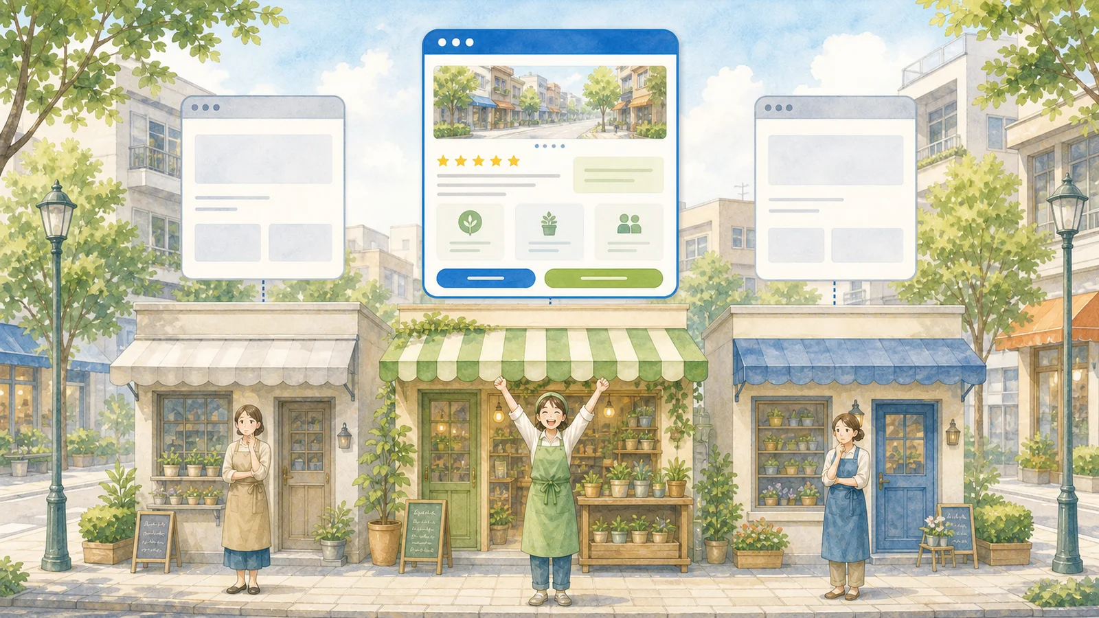 3軒のお店が並ぶ商店街。情報が充実したホームページのお店が選ばれる様子